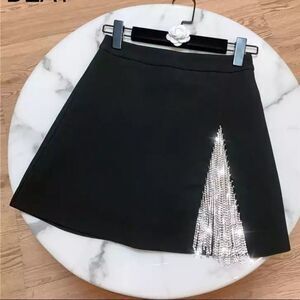 Clin Design NWOT Black Rhinestone Tassel High Waist A Line Skirt Small